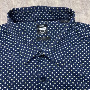 Hugo Boss Slim Fit Stretch Tiny Floral Dress‎ Shirt Men Size L Navy Blue Ronni